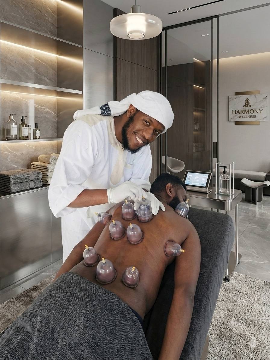 Practitioner performing hijama cupping therapy on a patient